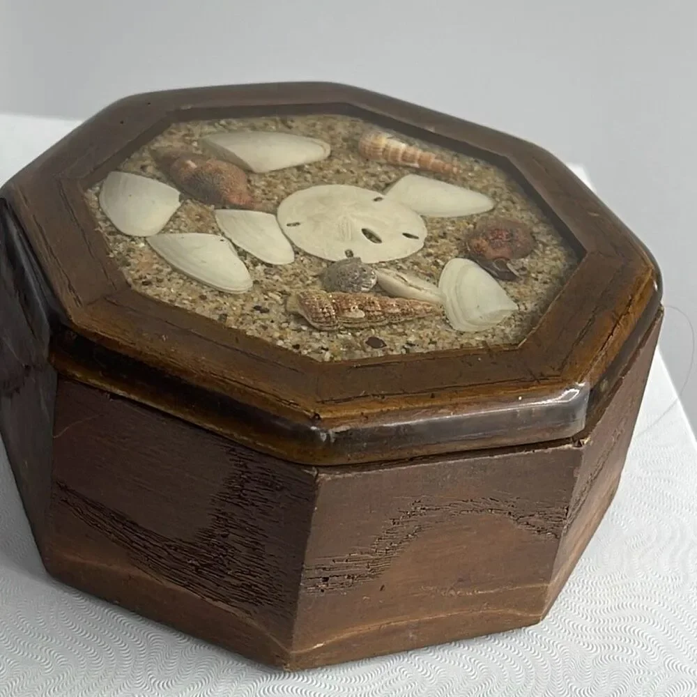 Handcrafted Sea Shell and sand epoxy wood trinket box.